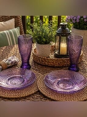 Acrylic Bubble Outdoor Dinnerware Set – 2 Plates & 2 Goblets Purple Patio Picnic